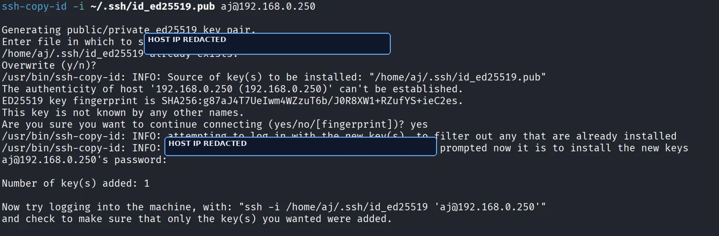 Terminal output showing ssh-copy-id installing the public key on the Ubuntu host.