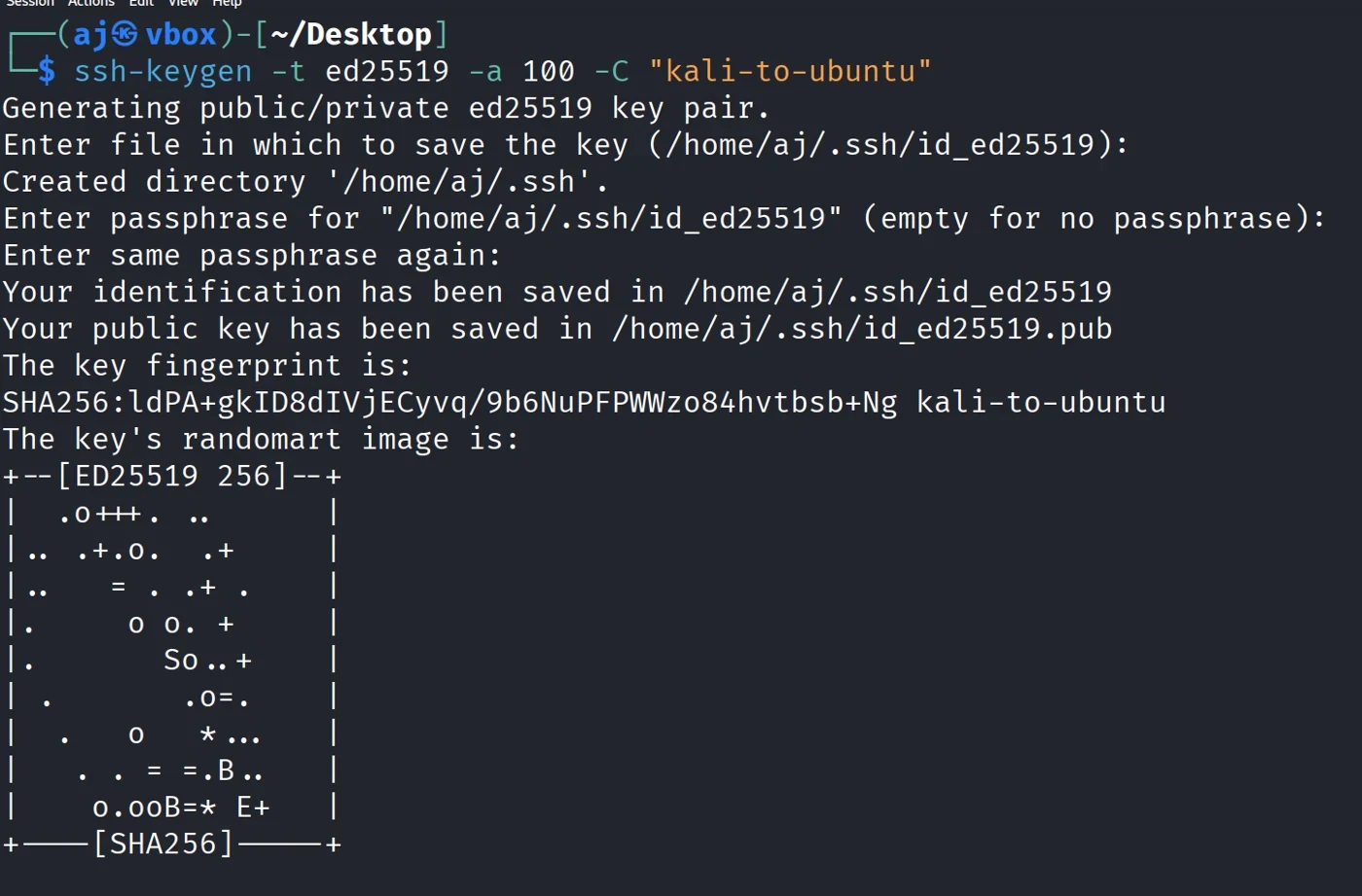 Terminal output showing generation of an ED25519 SSH key pair.