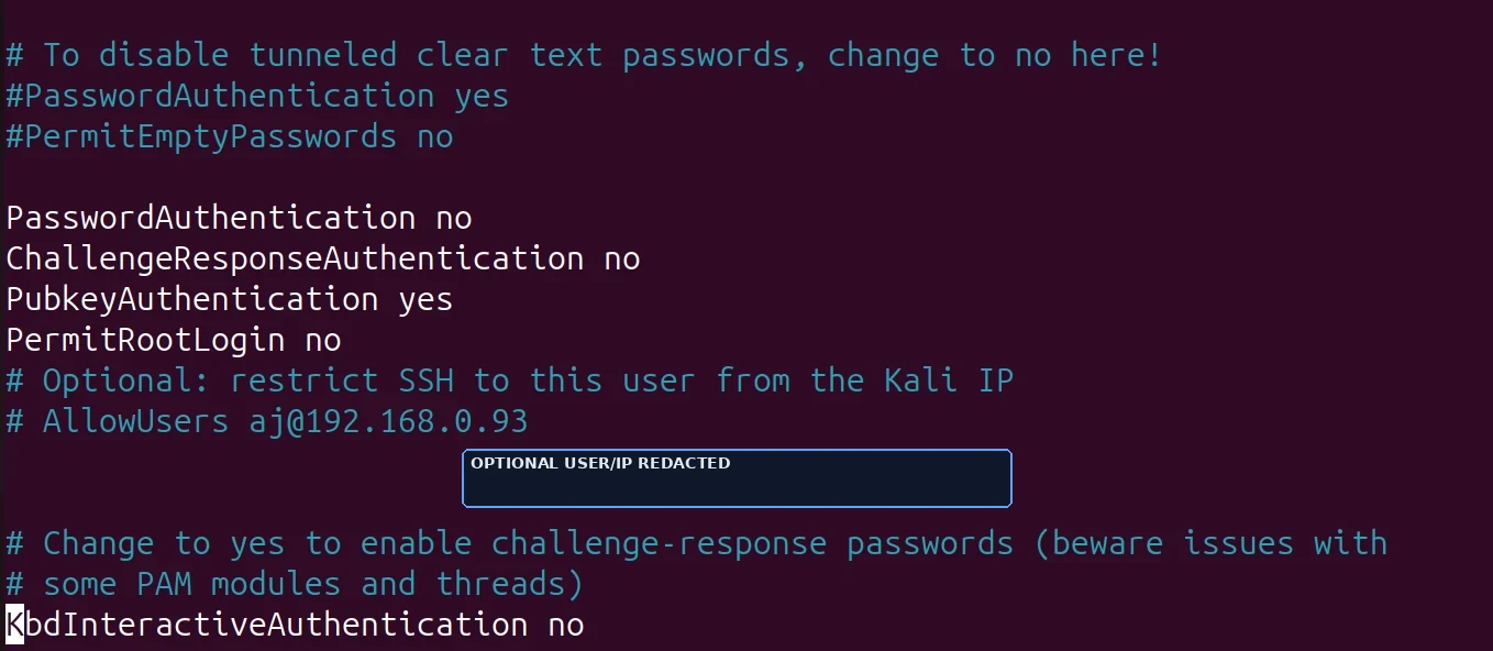 Excerpt from sshd_config showing PasswordAuthentication no, ChallengeResponseAuthentication no, PubkeyAuthentication yes, and PermitRootLogin no.