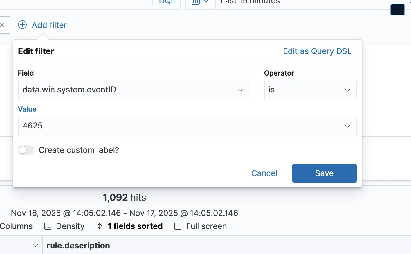 Wazuh dashboard summary showing authentication activity and alert counts.